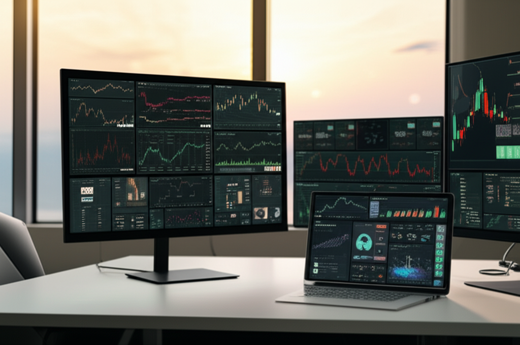 Modern technology consulting workspace with trading platforms and mobile apps